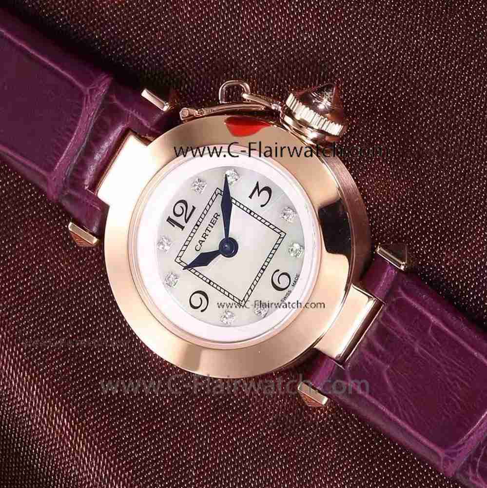 Best Quality Cartier PASHA Rose Gold Watch Purple Leather Band